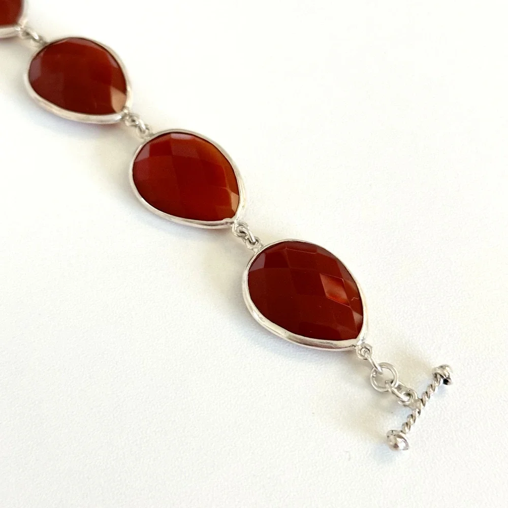 925 Sterling Silver Genuine Carnelian Faceted Teardrop Chain Link Bracelet 7